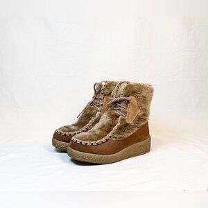 Vintage 70s Snow Land Brown Suede Faux Fur Wedge Eskimo Ankle Boots~8~USA